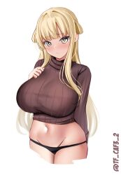 blonde_hair blush breasts brown_sweater closed_mouth commentary_request cowboy_shot female fletcher_(kantai_collection) hair_flaps hand_on_own_chest highres kantai_collection large_breasts long_hair looking_at_viewer midriff navel one-hour_drawing_challenge simple_background solo sweater tf_cafe twitter_username white_background yellow_eyes