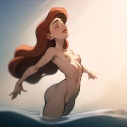 ai_generated ai_hands arched_back ariel ariel_(the_little_mermaid) backlighting closed_eyes closed_mouth completely_nude disney disney_princess female groin hair_flip hip_bones light-skinned_female light_skin linea_alba non-web_source novelai ocean outstretched_arms partially_submerged partially_underwater_shot princess pussy red_hair red_lips redhead royalty scene_reference self-upload shaved_pussy someraindropsonroses_(artist) spread_arms sunlight swept_bangs teenage_girl the_little_mermaid the_little_mermaid_(1989_film) wide_hips