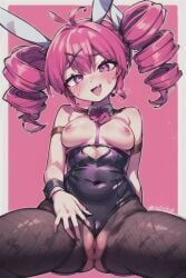 ahe_gao ai_generated big_breasts breasts bunny_ears bunnysuit kasane_teto nipples pink_background pussy rabbit_hole_(vocaloid) red_eyes red_hair utau vagina