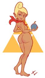 aged_up ascot ass blonde_hair blue_eyes blush bomb dark-skinned_female dark_skin dat_ass female long_hair looking_at_viewer nintendo nipples nude pointy_ears sideboob smile solo tetra the_legend_of_zelda the_wind_waker triforce weapon wind_waker xerpentv