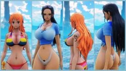 artist_request big_breasts bikini black_tattoo female female_only hairy_pussy height_difference nami nami_(one_piece) nico_robin one_piece panties post-timeskip pubes_exposed pubic_hair tattoo tattoo_on_arm tattooed_arm