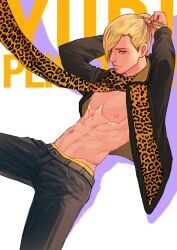 abs black_pants black_shirt blonde_hair blue_eyes happy_trail leopard_print male male_only maorenc open_shirt scarf solo solo_male tying_hair underwear_band yuri!!!_on_ice yuri_plisetsky