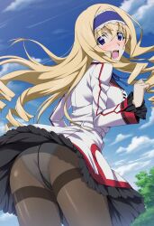 1girls ai_generated ass bent_over big_ass big_breasts blonde_hair blue_eyes blush busty cecilia_alcott cleavage drill_hair embarrassed fat_ass female female_only hairband hi_res infinite_stratos large_breasts legs looking_at_viewer looking_back open_mouth panties_under_pantyhose pantyhose school_uniform schoolgirl sideboob solo surprised thighs very_long_hair