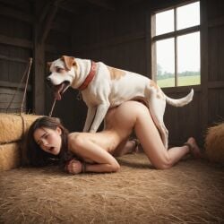 ai_generated barn bondage brown_hair canine dog doggy_style female naked nude open_mouth sinkrozz top-down_bottom-up zoophilia