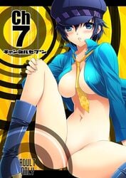 blue_hair boots hat megami_tensei open_clothes open_shirt persona persona_4 shirogane_naoto shirt solo spread_legs tie yellow_tie