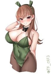 adapted_costume animal_ears blush bow bowtie breasts brown_eyes brown_hair brown_pantyhose cleavage covered_navel detached_collar fake_animal_ears female green_leotard highres kantai_collection large_breasts leotard long_hair ooi_(kantai_collection) pantyhose playboy_bunny rabbit_ears simple_background solo strapless strapless_leotard tf_cafe traditional_bowtie twitter_username white_background wrist_cuffs