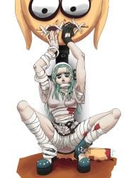 a.b.a bags_under_eyes bandages blood fully_clothed gore green_eyes green_hair guilty_gear guilty_gear_strive houseki_yarisuke looking_at_viewer not_porn paracelsus pinup self_upload solo_female spread_legs