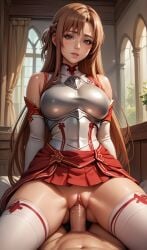 1boy 1girls ai_generated armor boosty breasts brown_eyes brown_hair cowgirl_position dick dress female female_focus ip_fox large_breasts long_hair looking_at_viewer pussy pussy_penetration room stockings sword_art_online url vaginal_penetration watermark web_address yuuki_asuna