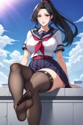 ai_generated big_breasts black_hair feet female hi_res mature_female mexkwigo original original_character outdoors ponytail school_uniform serafuku sitting skirt soles solo stockings thigh_strap thighhighs