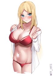 blonde_hair blue_eyes bow bow_bra bra breasts cleavage collared_shirt cropped_legs dress_shirt female highres kantai_collection large_breasts long_hair lowleg lowleg_panties nelson_(kantai_collection) one-hour_drawing_challenge open_clothes open_shirt panties red_bra red_panties shirt simple_background solo tf_cafe twitter_username underwear white_background white_shirt