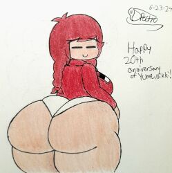 1girls artist_name artist_signature ass ass_bigger_than_head ass_focus big_ass brown_hair bubble_ass bubble_butt closed_eyes dat_ass female huge_ass human looking_at_viewer looking_back madotsuki panties reddish_brown_hair self_upload smiling spectrodraws sweater traditional_media traditional_media_(artwork) wide_hips yume_nikki