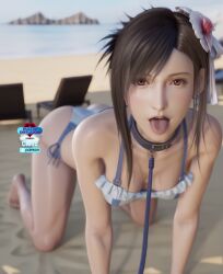 1girls ai_generated beach black_hair brown_hair cgi cgi_girl cleavage collar female final_fantasy final_fantasy_vii final_fantasy_vii_rebirth final_fantasy_vii_remake frills hair_flower leash looking_at_viewer on_all_fours pony_diffusion_xl red_eyes rule34_diffusion(artist) solo solo_female solo_focus swimsuit swimwear tifa_lockhart tongue tongue_out video_game video_game_character video_game_franchise video_games