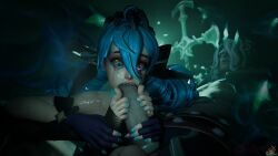 4k big_penis blender_cycles blue_eyes blue_hair cock_ring cum cum_in_mouth cum_inside dekquciz feet feet_focus feet_on_penis feet_together fingerless_gloves foot_fetish footjob footjob_with_legwear giving_head gwen_(league_of_legends) handjob_while_sucking league_of_legends league_of_legends:_wild_rift penis pleasure_face ruined_king runny_makeup tattoo tattoos toenail_polish toes viego_(league_of_legends)