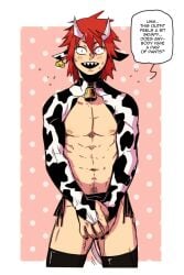 1boy abs bell_collar blush covering_crotch cow_bell cow_ears cow_horns cow_print eijirou_kirishima male male_focus male_only muscular muscular_male my_hero_academia nervous nipples pecs pubic_hair red_hair solo_male tights