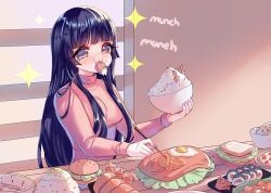 black_hair eating expansion expansion_sequence food food_in_mouth giantess_growth hair_intakes omni_goddess original original_character sequence third-party_source very_long_hair