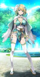 1girls alternate_costume bangs bare_thighs bell bench blonde_hair bloom blue_eyes blue_nails breasts bush cape chest_sarashi cleavage day earrings elbow_gloves female female_only fingerless_gloves fire_emblem fire_emblem_heroes fjorm_(fire_emblem) fjorm_(ninja)_(fire_emblem) fountain full_body gloves gradient_hair highres holding holding_weapon jewelry knife kunai looking_at_viewer mask mask_on_head medium_breasts multicolored_hair nail_polish ninja nintendo official_alternate_costume outdoors panties park park_bench pelvic_curtain road sandals sarashi short_hair shuriken slender slender_legs smile solo standing sunlight sword thighhighs thighs tree tsukishiro_saika underwear water weapon white_gloves white_mask white_panties white_shorts white_thighhighs yellow_hair zouri