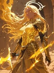 1girls abs ai_generated armor athletic athletic_female blonde_hair blonde_hair breasts female female_only fire flames glowing_eyes halo holding_sword holding_weapon long_hair self_upload solo solo_female stable_diffusion sword theskyisalwaysbeautiful