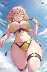 1girl 1girls big_breasts cameltoe demon_slayer green_eyes hourglass_figure human kanroji_mitsuri kimetsu_no_yaiba large_breasts light-skinned_female long_hair looking_at_viewer looking_down looking_down_at_viewer mitsu_art pink_hair sky slim_waist swimsuit tagme thick_thighs thighs two_tone_hair water wide_hips