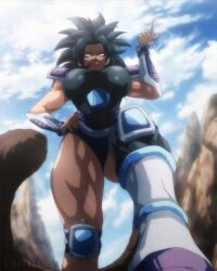 dark-skinned_female dindakai dragon_ball emite_(icydud3) large_breasts muscular_female original_character saiyan single_thighhigh spiky_hair stepped_on tail worm's-eye_view yellow_eyes