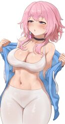 1girls big_breasts blue_eyes breasts brikot female honkai:_star_rail honkai_(series) large_breasts light-skinned_female light_skin long_hair march_7th_(honkai:_star_rail) midriff navel pink_hair sports_bra sportswear yoga_pants