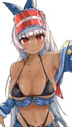 beach_dragon_knight_shapira_(guardian_tales) belly_button bikini blush denim_jacket guardian_tales hat red_eyes shapira_(guardian_tales) sweat sweatdrop tagme white_background white_hair www1_(artist)