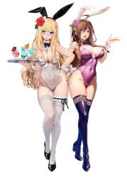 2girls absurdres animal_ears armpits ass_visible_through_thighs ayase_shichikai bare_shoulders black_bow black_bowtie black_footwear blonde_hair blue_eyes blush boots bow bowtie breasts breasts_apart brown_eyes brown_hair cameltoe chamomile cleavage closed_mouth collar covered_navel cup darkness_(konosuba) detached_collar drinking_glass eyes_visible_through_hair fake_animal_ears female female_only flower full_body groin hair_flower hair_ornament hand_up highleg highleg_leotard highres holding holding_tray jewelry kono_subarashii_sekai_ni_shukufuku_wo! large_breasts leotard long_hair looking_at_viewer multiple_girls necklace open_mouth playboy_bunny poppy_(flower) purple_bow purple_bowtie purple_flower purple_leotard purple_rose rabbit_ears red_flower revealing_clothes rose shoes simple_background standing strapless strapless_leotard thigh_boots thigh_strap thighhighs thighhighs_under_boots thighs tight_clothing traditional_bowtie tray white_background white_collar white_flower white_leotard white_thighhighs white_wrist_cuffs wiz_(konosuba) wrist_cuffs x_hair_ornament