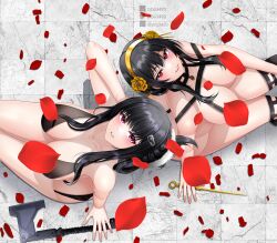 2girls absurdres axe black_hair breasts cleavage commentary d.d.g d_(killer_wife)_(nikke) d_(nikke) dagger ddg3420 english_commentary female female_only flower from_above goddess_of_victory:_nikke hatchet_(axe) highres holding holding_weapon human knife large_breasts multiple_girls naughty_face rose self-upload spy_x_family stiletto_(weapon) thighhighs trait_connection weapon yor_briar yor_forger