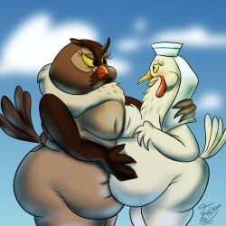 2girls anthro anthro_only avian bbw belly_grab big_ass big_belly big_mama_(fath) chicken chubby chubby_female crossover digital_art digital_drawing disney fat_ass fat_butt feathers female_only furry_female furry_only galliform interspecies lady_kluck mature_female multiple_girls overweight_female owl robin_hood_(disney) the_fox_and_the_hound yuri