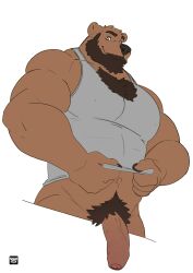 2023 abs absurd_res anthro bear beard biceps big_penis body_hair bottomless brown_eyes chest_hair clothed clothing deltoids eyebrow_piercing facial_hair facial_piercing flaccid foreskin genitals hi_res lomlynx looking_at_viewer low-angle_view male male_only mammal manly muscular navel nipple_outline pecs penis piercing pubes shirt shirt_only simple_background smile smiling_at_viewer solo tank_top tank_top_only topwear topwear_only triceps vein veiny_penis waist_up white_background