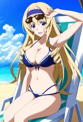 1girls ai_generated arm_up armpits beach big_breasts bikini blonde_hair blue_bikini blue_eyes blush busty cecilia_alcott cleavage drill_hair female female_only hair_bow hairband hi_res infinite_stratos large_breasts legs looking_at_viewer navel ocean open_mouth sitting smile solo thighs very_long_hair water