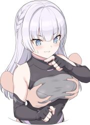 1girls bare_shoulders blue_eyes blush breast_grab breasts disembodied_hands dolphin_wave elbow_gloves female female_focus fingerless_gloves from_behind grabbing_breasts groping leotard long_hair nervous_smile schnee_weissberg shiseki_hirame small_breasts smile sweatdrop white_background white_hair