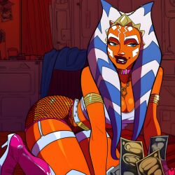 1girls 2d ahsoka_tano ai_generated all_fours alternate_costume armlet armwear background bed bedroom belt beltskirt bent_over blue_eyes breasts cell_shading choker cleavage clone_wars color disney dragnxi eyelashes eyes facial_markings fishnet fishnet_skirt garter_straps heels horn lips long_eyelashes markings money necklace neckwear on_bed open_eyes orange_body parted_lips prostitution purple_clothing shiny_clothes shiny_skin slutty_outfit star_wars teeth tentacle_hair togruta white_markings