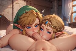 1girls 2boys ahe_gao ai_generated ball_sucking balls bedroom big_penis bisexual bisexual_male blonde_hair blowjob blue_eyes both_sexes_in_same_situation cock collaborative_fellatio deepthroat double_blowjob enjoying fellatio female green_cap green_hat hi_res hylian hylian_ears ironart link link_(breath_of_the_wild) long_hair male malesub mmf_threesome naked nude on_stomach oral oral_sex penis pov princess_zelda sex short_hair sidelocks submissive_male sucking_balls testicles the_legend_of_zelda threesome veiny_penis