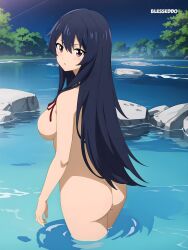 ai_generated ass big_ass big_breasts blesseddo eden's_zero hair_down homura_kougetsu lake lakeside looking_back moon moonlight night nude nude_female partially_submerged sideboob spankable_ass standing water