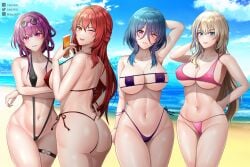 4girls absurdres alternate_costume areola_slip back beach bikini blonde_hair breasts cleavage commentary covered_nipples d.d.g ddg3420 english_commentary eyepatch_bikini eyewear_on_head facebook_logo facebook_username g-string highres himeko_(honkai:_star_rail) honkai:_star_rail honkai_(series) kafka_(honkai:_star_rail) light_purple_hair mole mole_under_mouth multiple_girls natasha_(honkai:_star_rail) navel outdoors pixiv_logo pixiv_username red_hair self-upload serval_landau side-tie_bikini_bottom sideboob slingshot_swimsuit stomach string_bikini swimsuit t-back thong thong_bikini twitter_logo twitter_username underboob