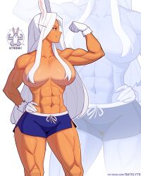 1girls abs absurd_res biceps blue_shorts boku_no_hero_academia breasts bunny_ears bunny_girl dark-skinned_female dark_skin english_text flexing hair_censor hair_covering_breasts hair_over_breasts hand_on_hip hi_res highres holding_phone large_breasts long_eyelashes long_hair looking_away miruko muscular muscular_female my_hero_academia pants patreon_username red_eyes rumi_usagiyama satelyte short_shorts shorts smile solo speech_bubble thick_thighs topless topless_female twitter_link url very_long_hair white_fur white_hair wide_hips