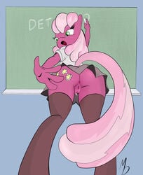 anthro anthrofied anus ass bottomless chalk chalkboard cheerilee_(mlp) cutie_mark earth_pony equine female female_only friendship_is_magic fur furry green_eyes hair horse mdgusty miniskirt my_little_pony open_mouth pink_hair pony pussy skirt solo stockings text upskirt