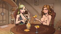 2girls alcoholic_drink cocktail cocktail_glass complaining daphne_greengrass green_belt green_eyes gryffindor harry_potter headmaster's_office hermione_granger hogwarts hogwarts_student innocent_witches large_breasts multiple_girls nipple_bulge pitcher sad_crab scerg schoolgirl schoolgirls siserg slytherin snake_earrings topless witch