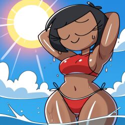 1girls ai_generated cuteycaterpillar dark-skinned_female eyes_closed female rob_(vilepluff) solo swimming swimsuit thick_thighs water wet wet_body