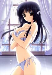 black_hair bra brown_eyes covering_self female himenomiya_kaguya looking_at_viewer panties pointy_chin solo window