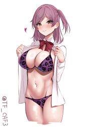 1girls alternate_costume animal_print bikini blush bow bowtie breasts cleavage closed_mouth cowboy_shot cropped_legs female female_only hagikaze_(kantai_collection) highres kantai_collection large_breasts leopard_print leopard_print_bikini long_sleeves looking_at_viewer medium_hair navel one-hour_drawing_challenge open_clothes open_shirt purple_bikini purple_eyes purple_hair red_bow red_bowtie simple_background smile solo swimsuit tf_cafe twitter_username white_background