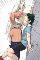 1boy 1girl absurdres against_wall animal_ears ass assertive_female bare_hips between_breasts black_shorts blue_shirt blue_thighhighs boku_no_hero_academia breast_press breast_smother breasts crack cracked_wall crushing dark-skinned_female dark_skin emphasis_lines face_between_breasts face_to_breasts feet_out_of_frame female fur-trimmed_leotard fur_trim gloves green_hair hand_on_own_hip head_between_breasts height_difference highres izuku_midoriya kabedon ksksksa large_breasts leotard long_eyelashes long_hair looking_at_another looking_down midoriya_izuku miruko motion_lines my_hero_academia open_mouth powerful_breasts rabbit_ears rabbit_girl red_eyes rumi_usagiyama shirt short_hair shorts sidelocks simple_background sleeveless standing straight_hair strong superhero_costume thighhighs toned toned_female turtleneck turtleneck_leotard v-shaped_eyebrows very_long_hair white_background white_gloves white_hair white_leotard