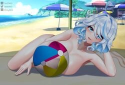 ball beach beachball breasts censored_nipples commentary completely_nude convenient_censoring d.d.g ddg3420 english_commentary facebook_logo facebook_username female female_only furina_(genshin_impact) genshin_impact highres light_smile lying nude pixiv_logo pixiv_username sand self-upload short_hair summer twitter_logo twitter_username