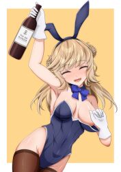 alcohol animal_ears bell_shireikan blonde_hair blue_bow blue_bowtie blue_leotard blush bottle bow bowtie breasts brown_thighhighs bunnysuit convenient_hand cowboy_shot detached_collar detached_sleeves double_bun drunk eyebrows_hidden_by_hair female female_only flat_color gloves hair_bun highres kantai_collection large_breasts leotard long_hair nose_blush one-hour_drawing_challenge playboy_bunny rabbit_ears ranger_(kantai_collection) solo solo_female strapless strapless_leotard thighhighs twitter_username two-tone_background white_gloves wine_bottle yellow_background