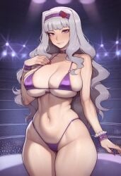 ai_generated asura_(ai_style) big_ass big_breasts big_butt big_nipples big_thighs bikini bimbo bimbo_body blush choker facing_viewer female grey_hair hairband huge_ass huge_breasts huge_butt huge_nipples huge_thighs idolmaster long_hair looking_at_viewer purple_eyes shijou_takane stage stage_lights standing sweat wanuze wide_hips