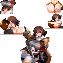 1boy 1girls age_difference armor armored_female ass_focus ass_grab big_ass big_breasts big_butt brown_eyes brown_hair capcom chorquistudios fiorayne french_kiss french_kissing head_between_breasts head_between_thighs horny horny_female horny_male huge_breasts hugging kissing milf monster_hunter monster_hunter_rise red_bikini red_eyes saliva saliva_on_tongue size_difference smile smiling smiling_at_partner smiling_at_viewer