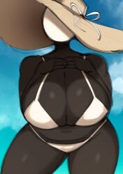 artificer_(risk_of_rain) bikini black_body breasts color female hat large_breasts outdoors readraws reahmi rekkadraws risk_of_rain sky sun_hat thick_thighs tummy white_bikini