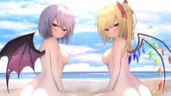 2girls absurdres arm_at_side ass bare_back bat_wings beach blonde_hair blue_hair blue_sky blush bow breasts censored_nipples closed_mouth cloud commentary completely_nude convenient_censoring cowboy_shot crystal eyelashes eyes_visible_through_hair flandre_scarlet from_side frown hair_between_eyes hairbow highres light_particles long_hair looking_at_viewer medium_breasts medium_hair multiple_girls no_headwear nude nudist nudist_beach ocean out-of-frame_censoring outdoors pixiv red_bow red_eyes remilia_scarlet siblings side_ponytail sideboob sisters sitting sky smile soles sunlight szl toes touhou tsurime wings