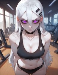 1girls ai_generated artstyle_imitation ass black_sports_bra breasts choker cute cute_face eyelashes eyeshadow from_below goth goth_girl goth_slut gothic gym gym_clothes gym_shorts gym_uniform hair_between_eyes looking_at_viewer medium_breasts messy_hair naughty naughty_face naughty_smile needy poizie pov_eye_contact purple_eyes seductive seductive_look slut slutty_clothing slutty_outfit smile smiling smug smug_face sports sports_bra sports_panties sportswear standing sweaty synthetic_poison thiccwithaq_(ai_style) thick_ass thick_legs thick_lips thick_thighs thighs very_long_hair white_hair white_skin