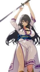 1girls ahonoko black_hair breasts brown_eyes cleavage collarbone expressionless feet_out_of_frame female female_only fire_emblem fire_emblem:_the_blazing_blade grey_eyes highres holding holding_weapon huge_breasts incoming_attack karla_(fire_emblem) long_hair looking_at_viewer nintendo no_panties sash simple_background solo sword thick_thighs weapon white_background